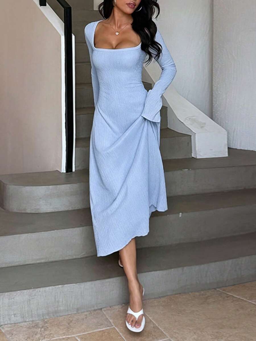 WOWDARK Women's Casual Solid Color Long Sleeve Square Neck Tie Waist A-Line Maxi Dress - Blue - View 1