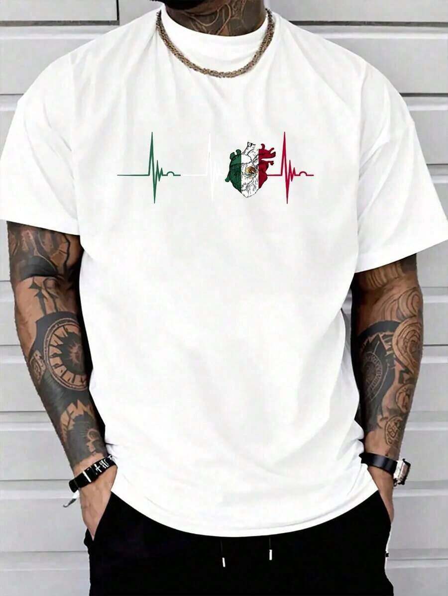 100% Cotton Heart Of Mexico Mexican Flag Heartbeat EKG Pulse Mexican Pride Graphic T-Shirt For Women And Men - 白色 - 查看 1