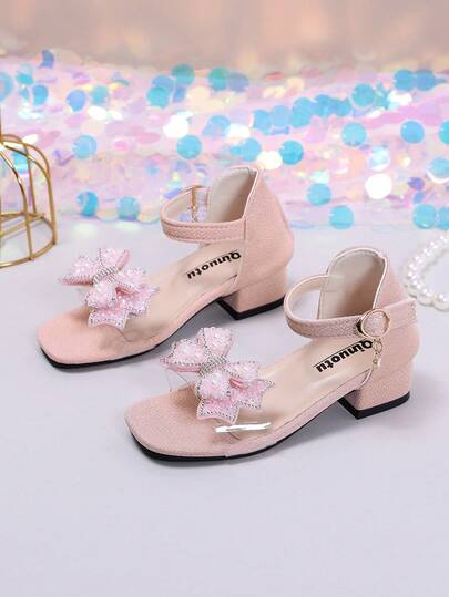 1 Pair Pink Girls' Dance Heels, Glittery Butterfly Soft Sequin Leather PU Adjustable Strap, Round Toe Platform Block Heel One-Strap Design, Fashionable Glamorous Holiday Princess High Heels Suitable For Daily, Dance, Events, Spring/Summer 2026