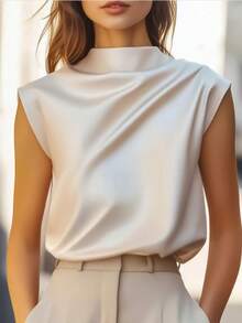 Blusa de satén sólido elegante para mujer, adecuada para citas y ocasiones de oficina en verano - Albaricoque - Ver 2