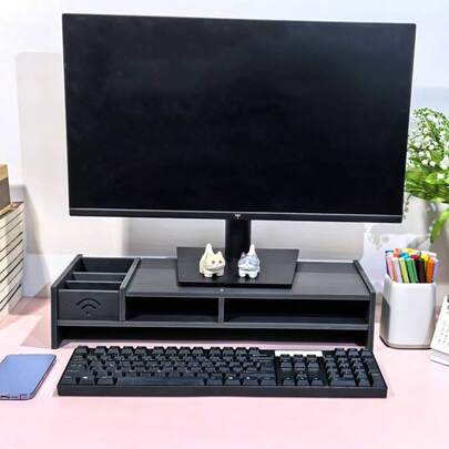 1pc DIY Black Office Monitor Stand, Keyboard Storage Rack, Desktop Computer Riser, Desktop Stationery Organizer, Desktop Bookshelf, Desktop Storage Rack