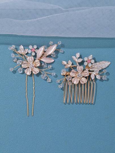 2pcs Elegant Alloy Rhinestone Women's Side Hair Comb, Shiny Floral Print Bohemian Bridal Headpiece, Suitable For All Seasons