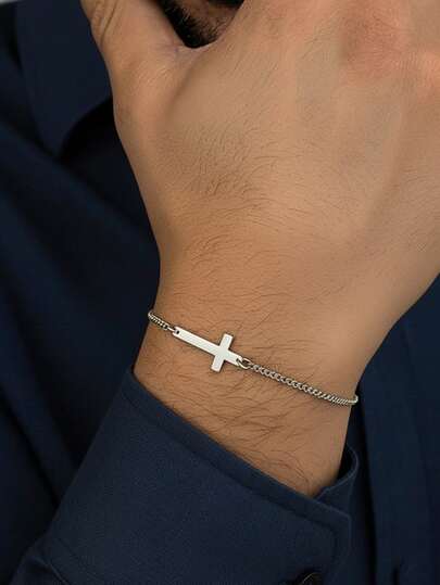 1pc Minimalist Stainless Steel Cross Bracelet, Everyday Wear For Men