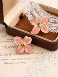 1 Pair Stainless Steel Pink Flower Stud Earrings, Gold-Plated Enamel 4-Petal Flower Earrings, Elegant Spring Blooming Statement Jewelry, Waterproof And Rust-Proof Fashion Accessory, Suitable For Easter, Mother's Day, Holidays, Daily Wear, Parties, Weddings, Birthdays, Anniversaries, Graduation Gifts For Mom, Wife, Girlfriend, Grandma, Sister, Daughter - Multicolor - View 3