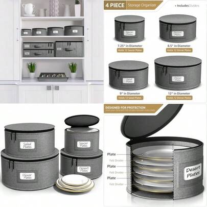 Sorbus China Storage Containers - Hard Shell Dish Storage Containers for Organizing Moving Supplies Party - 4 Stackable Plate Carrier Set for Dinnerware Plate Organizer with Felt Plate Protector
