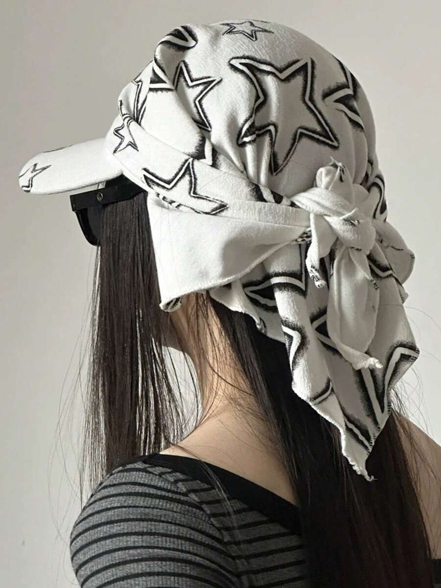 美式嘻哈明星印花女士系带头巾帽,复古Y2K时尚多功能遮阳棒球帽,防晒百搭,适合日常佩戴、派对、活动、度假、海滩郊游,也是送给女孩的节日礼物,夏季必备。 - 黑與白 - 查看 1