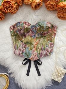 Nouveau top corset sans bretelles, bustier à imprimé jungle pour femmes avec baleines en acier, design de gaine de taille - Vert - Voir 10
