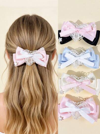 1 pieza Clip de cabello de mujer estilo Lolita lindo y dulce con encaje, corazón, estrella y lazo, clip de pato de aleación de hierro, adecuado para uso diario, festivales, fiestas, cumpleaños, compras, viajes, fotografía y cualquier ocasión. Un gran regalo para mejores amigas