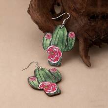 1 par de pendientes con diseños de cactus, estampado de leopardo y floral en estilo bohemio colorido, adecuados para uso diario y vacaciones - Pendientes de flores con estampado de leopardo y cactus - Ver 4
