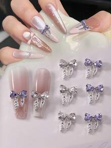 10件套3D立体爱心蝴蝶结美甲装饰品，韩式金属丝带美甲饰品，水钻美甲配件，适合居家美甲和美甲沙龙使用，个性化美甲DIY - 彩色 - 查看 2