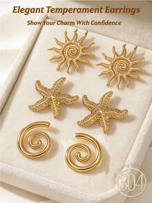 3 Pairs Women's Gold Statement Earrings, A Set Of Thick And Elegant Gold Jewelry, Including Shiny Sun Earrings, Starfish Earrings, Asymmetrical Spiral Earrings, Suitable For Summer Beach Vacation, Exquisite And Graceful Round Earrings, 18K Gold Plated Stainless Steel Earrings - Gold - View 2