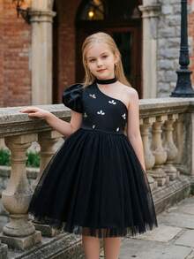 小女孩黑色泡泡袖手工串珠优雅圣诞派对礼服，公主裙，适合女孩生日派对、婚礼花童、舞会、感恩节、毕业典礼等场合 - 黑色 - 查看 1