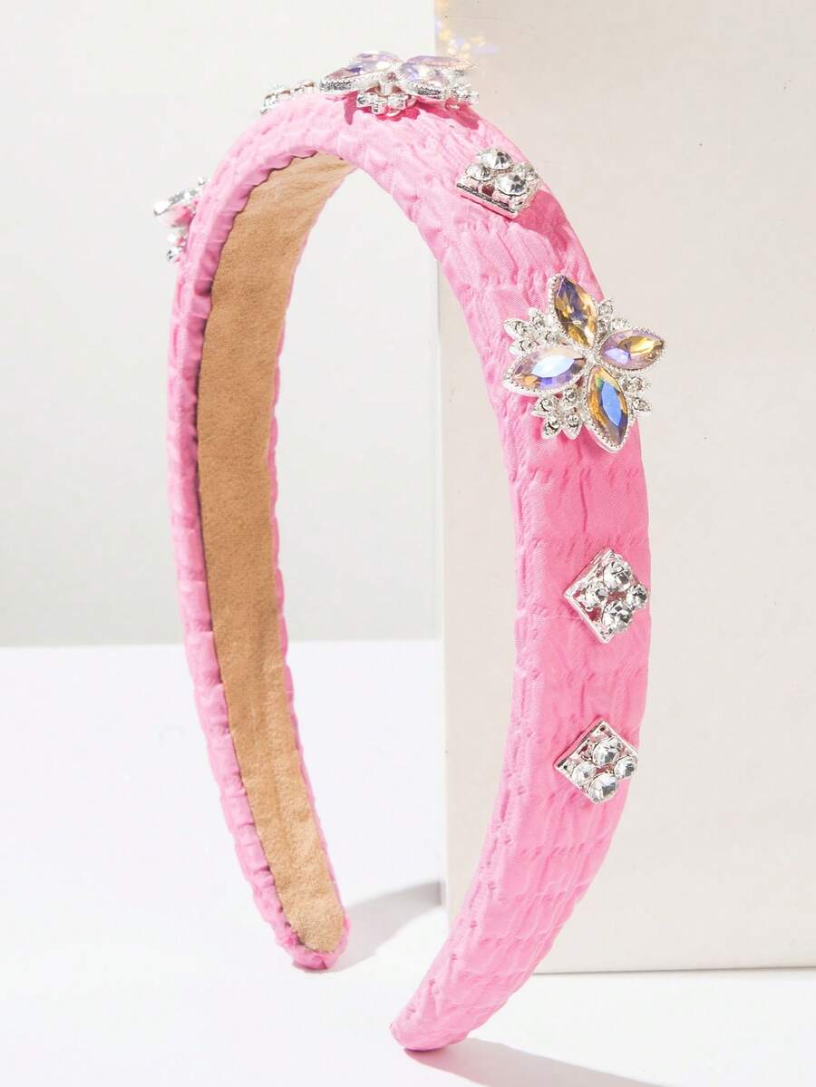 1pc Solid Color Asymmetrical Geometric Pattern Rhinestone Pleated Fabric Wide Headband, Suitable For Women's Holiday Wear,Festival,Party - Rose - View 1
