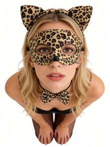 猎豹服装套装，豹纹猫耳带蝴蝶结，化装舞会面具，女士万圣节服装配饰，女士派对服装，适合狂欢节、万圣节服装派对、圣诞夜、生日派对、角色扮演派对、节日或服装派对。 - 彩色 - 查看 7