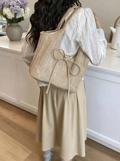 Handmade Woven Tote Bag, Large Capacity, Retro Fashion Shopping Bag, Women Handbag