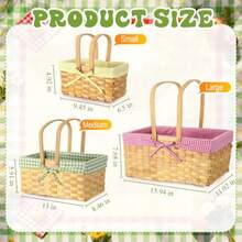 Cesta de picnic de diferentes tamaños con asas a cuadros a cuadros con forro de cuadros para primavera Pascua picnic camping al aire última intervensión recolección de huevos regalo de - Rosa verde amarillo. - Ver 2