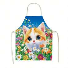 1pc Cute Orange Kitten In Colorful Floral Pattern Kitchen Apron, Suitable For Kitchen, Living Room, Dining Room, Hotel, Outdoor BBQ, Made Of 100% Polyester, Machine Washable & Hand Washable - Multicolor - View 11