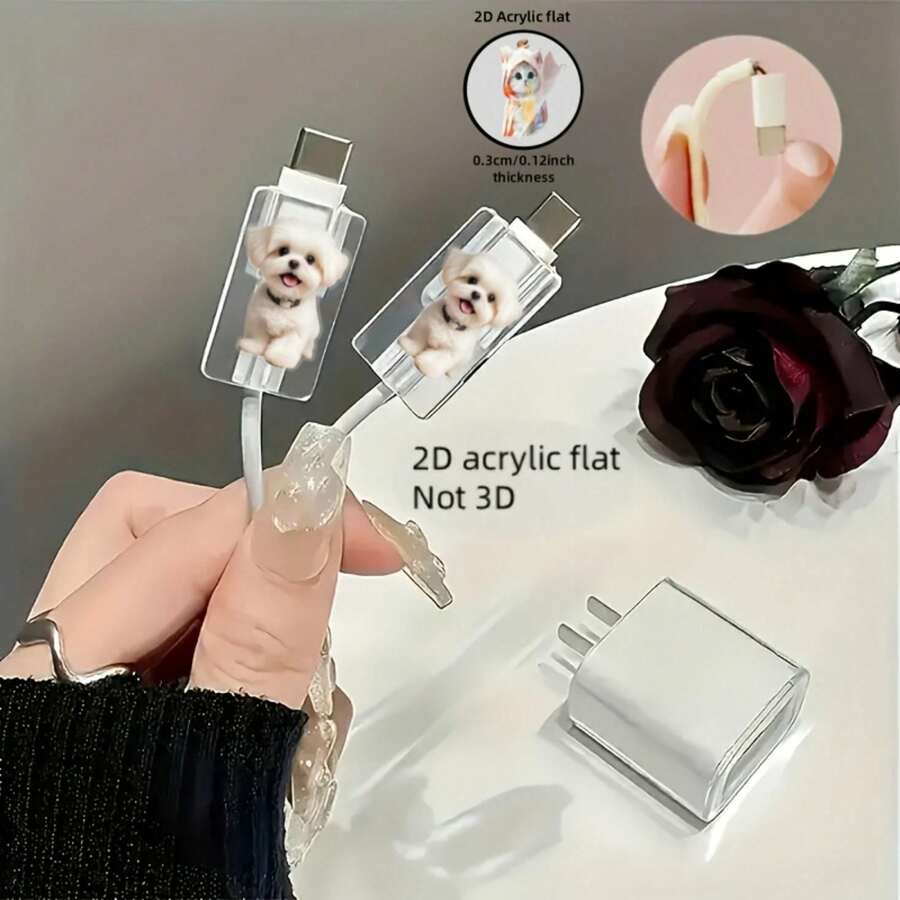2pcs Cute White Maltese Dog Pattern Acrylic Data Cable Protector, Anti-Breakage, Stylish And Durable, Suitable For Type-C Phone Charging Cables - Multicolor - View 1