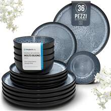 Ensemble de vaisselle en grès Piets Ibiza pour 6 personnes, 18 pièces, ensemble de plats moderne compatible avec le lave-vaisselle et le micro-ondes - Aigue-marine - Vaisselle et ensemble de cuisine par Living - Gris Bleu - Voir 10