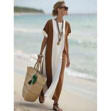 Women's Casual Colorblock Short Sleeve Loose Beach Vacation Dress - Brown - View 1