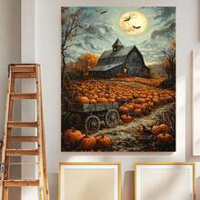 Mural de Lienzo Enmarcado en Madera de Halloween: Cuervos y una Granja Cubierta de Calabazas, Decoración de Pared para Hogar, Estilo de Terror, Fantasmas, Castillos, Calabazas, Brujas, Caballeros, Sala y Dormitorio, Impermeable, Impresión HD, Decoración para Fiestas, Regalos de Arte Festivo, Listo para Colgar - Lienzo Envolvente - Enmarcado - Ver 5
