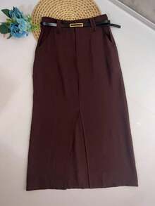 Midi Skirt With Belt High Waist Slit - 巧克力棕 - 查看 2