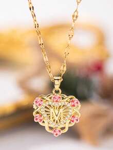 1pc Fashion Minimalist Women Necklace, Luxury Heart Rose Flower & 26 Letter Pendant Stainless Steel Clavicle Chain, Versatile Daily Wear, Gift For Friends, Valentine's Day (Note: Due To Different Production Batches, There May Be Some Color Differences; In Addition, Due To The Influence Of Lighting And Shooting Angles, The Actual Product May Have Slight Color Differences From The Pictures.) - Yellow Gold - View 3