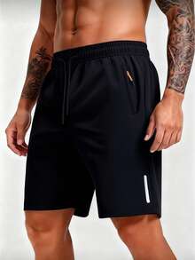 Men's Solid Color Drawstring Waist Sports Shorts, Lightweight Casual Shorts For Daily & Outdoor Wear - Black - View 1