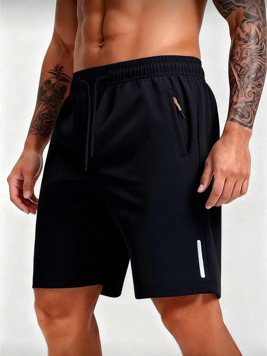 Men's Solid Color Drawstring Waist Sports Shorts, Lightweight Casual Shorts For Daily & Outdoor Wear - Black - View 1