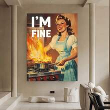 Enmarcado Lienzo impreso en 2D plano, 1 pieza, 30 x 40 cm, , estilo retro vintage de los años 60, con la frase "ESTOY BIEN" y una divertida escena de cocina. Decoración de cocina moderna y divertida de mediados de siglo para dormitorio, sala de estar, oficina, cafetería, decoración de pared de cocina, arte para cafetería, arte de colores vibrantes, 2D plano. - Enmarcado - Ver 2
