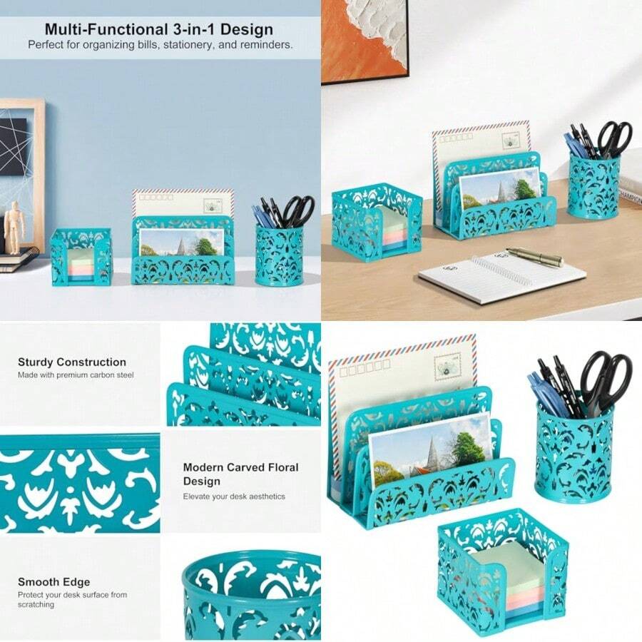EasyPAG Carved Hollow Flower Pattern in 1 Desk Organizer Executive Office - Letter Sorter Holder Pen Holder and Stick Note Holder - Verde azulado oscuro - Ver 1