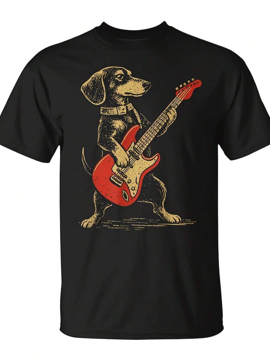 Unisex T-Shirt Made Of Pure Cotton, Vintage Style. Dachshund, Playing, Guitar, Rock Music, Dog T-Shirt, Unisex, For Daily Wear, Funny, Christmas, Novelty, Men's T-Shirt, Summer, , Streetwear, Fashion, Top, Quality, Comfortable, Casual, Printed T-Shirt, Pure Cotton, Summer T-Shirt, Blouse, Basic Tops, Tops, T-Shirts, Shirt, Soft, Cotton, Casual, Daily Wear, Cool, , Daily - Black - View 1