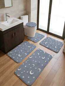 Juego de 3/5 piezas de alfombrillas de baño con tema de patchwork de medio círculo en color Morandi, patrón de estilo minimalista Wabi-Sabi, accesorio de baño suave, absorbente y resistente al desgaste, alfombra de secado rápido de franela + espuma de memoria + tela de poliéster, lavable a máquina - Azul bruma - Ver 2