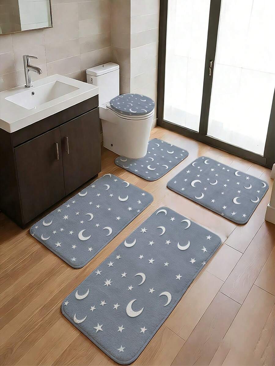 Juego de 3/5 piezas de alfombrillas de baño con tema de patchwork de medio círculo en color Morandi, patrón de estilo minimalista Wabi-Sabi, accesorio de baño suave, absorbente y resistente al desgaste, alfombra de secado rápido de franela + espuma de memoria + tela de poliéster, lavable a máquina