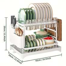 1 pieza Escurridor de platos de 2 niveles, organizador de acero al carbono negro mate resistente a la oxidación con gran capacidad, soporte para cuchillos, estante para tazas, estante para cubiertos y ranura para tabla de cortar, bandeja de goteo extraíble, adecuado para encimera, lado del fregadero, cocina pequeña, apartamento, artículo esencial para ahorrar espacio - Multicolor - Ver 14