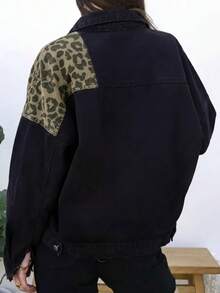 女士长袖牛仔外套，豹纹拼接，休闲黑色，春季款 - 黑色 - 查看 2