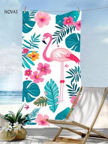 1pc Flamingo & Tropical Leaf Print Beach Towel, Hibiscus & Mango Leaf Pattern Extra Large Beach Towel, Quick Dry Absorbent Beach Blanket For Beach, Swimming Pool, Cruise, Camping, Travel, Bachelor/Bachelorette Party, Picnic, Etc. - A - View 3