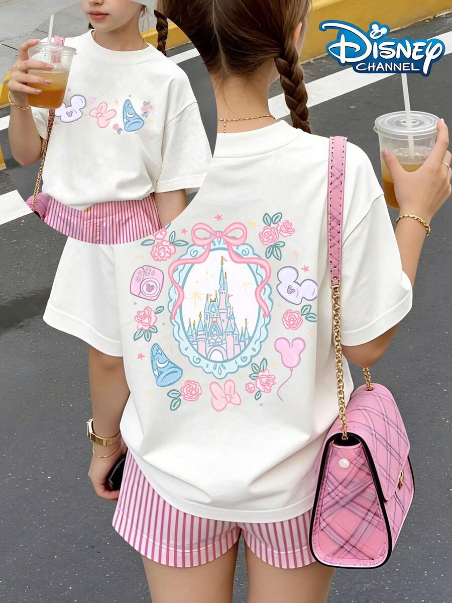 Disney Disneyland Castle Print Summer Tops,Castle Graphic Tee,Disney Kids, Perfect For Cute Girls. Teen Girl Gift,Tween Summer Clothes,Comfortable And Breathable Children's Short-Sleeved T-Shirt. Suitable For Both Boys And Girls.Suitable For Daily Wear, Vacations, Outdoor Activities, And As A Children's Gift. - 白色 - 查看 1