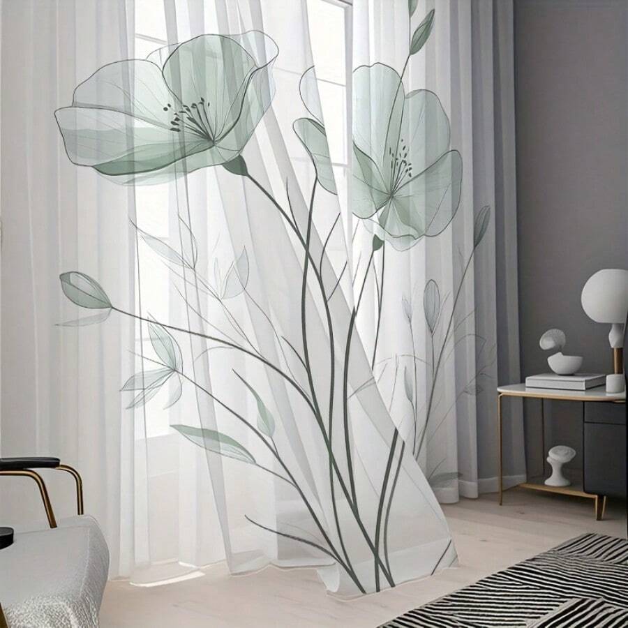 2pcs Set Refreshing Light Green Floral Pattern Sheer Curtains, Suitable As Gifts, Wedding Decorations, For Bedroom, Living Room, Kitchen, Cafe, Dining Room, Balcony, Partitions, Also Suitable For Christmas, New Year Decorations, Multiple Sizes Available, Decorative, Elegant, Suitable For All Seasons - Multicolor - View 1