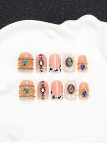 10 móng tay giả acrylic thủ công, có thể tái sử dụng, kiểu Bohemian, đính đá quý màu xanh lá cây và hạt vàng trang trí, phù hợp để đeo hàng ngày và dự tiệc, cũng là một món quà ý nghĩa dành cho phụ nữ. - Nhiều màu - Xem 3