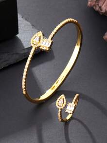 2 Peças Conjunto Ajustável de Anel e Pulseira Luxuoso e Minimalista com Design Assimétrico em Formato de Pêra Cintilante e Quadrado de Duas Cores, Versátil para Uso Diário, Festa, Casamento, Primavera, Presente de Bênção para Festivais - Fórmula de diamante zircônio em forma de lágrima brilhante - Visão 10