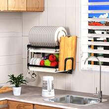 Estante para secar platos sobre la pared estante para platos de acero inoxidable estante para secar platos grande para cocina escurridor de platos con soporte para utensilios 2 - 2 niveles - Ver 4