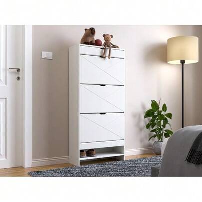 3 Drawer Blister Shoe Rack Cabinet, Wooden Shoe Cabinet With Pull-Out Shelf On Top, 2 Levels, White