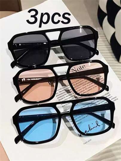 3 piezas Gafas de estilo piloto de doble barra de moda para hombres y mujeres. Accesorios de playa. Disponible en varios colores. Adecuado para el uso diario de las mujeres. Adecuado para atuendos casuales y de negocios de otoño e invierno de las mujeres. Un regalo para vacaciones de playa de verano, actividades al aire libre y viajes. Adecuado para vacaciones de playa de verano.