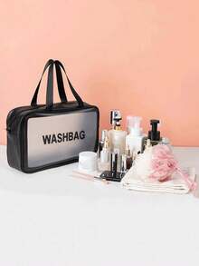 1pc Korean Style PU Matte Cosmetic Bag, Large Capacity Travel Toiletry Bag - Black - View 5