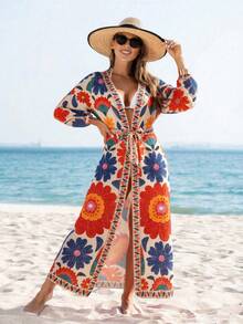 Áo khoác kimono dài tay in hoa dành cho nữ, thích hợp mặc đi biển hoặc du lịch. - Nhiều màu - Xem 3