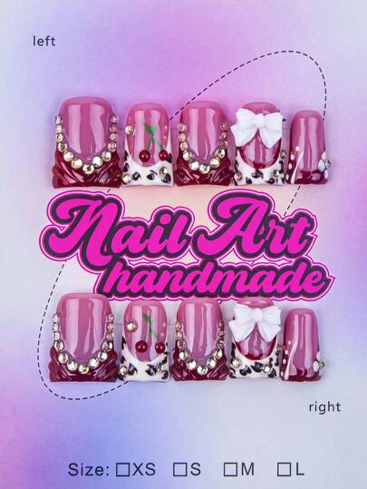 10pcs Duck-Mouth Handmade Nail Tips, Y2K Baddie Style, Nude, Black With French Tips, Cherry, Number 8 Design, Suitable For Parties, Dances, Daily Wear, Includes Tool Kit, Great Gift For Women And Girls Nails Nail Supplies Handmade Press On Nails