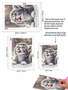 |5D DIY钻石画|冬日雪花小猫接雪花DIY钻石画套装，可爱虎斑猫舔雪花，节日冬日景象，可爱奇趣宠物艺术，雪景假日美学。手工装饰画，5D DIY刺绣马赛克艺术，享受动手乐趣，送给朋友的理想礼物 - 無框 - 查看 3