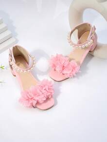 Giày sandal hoa cho bé gái, giày khiêu vũ trẻ em, kiểu dáng xuân/hè mới, sandal cao gót cho bé gái, sandal cổ lửng đính ngọc trai kiểu công chúa cho học sinh. - Hồng - Xem 2
