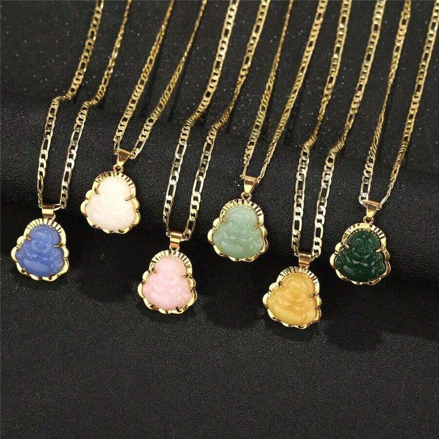 1pc 14K Gold Plated Buddha Pendant Necklace, Unisex, 3mm Flat Figaro Chain Necklace - 佛 - 查看 1